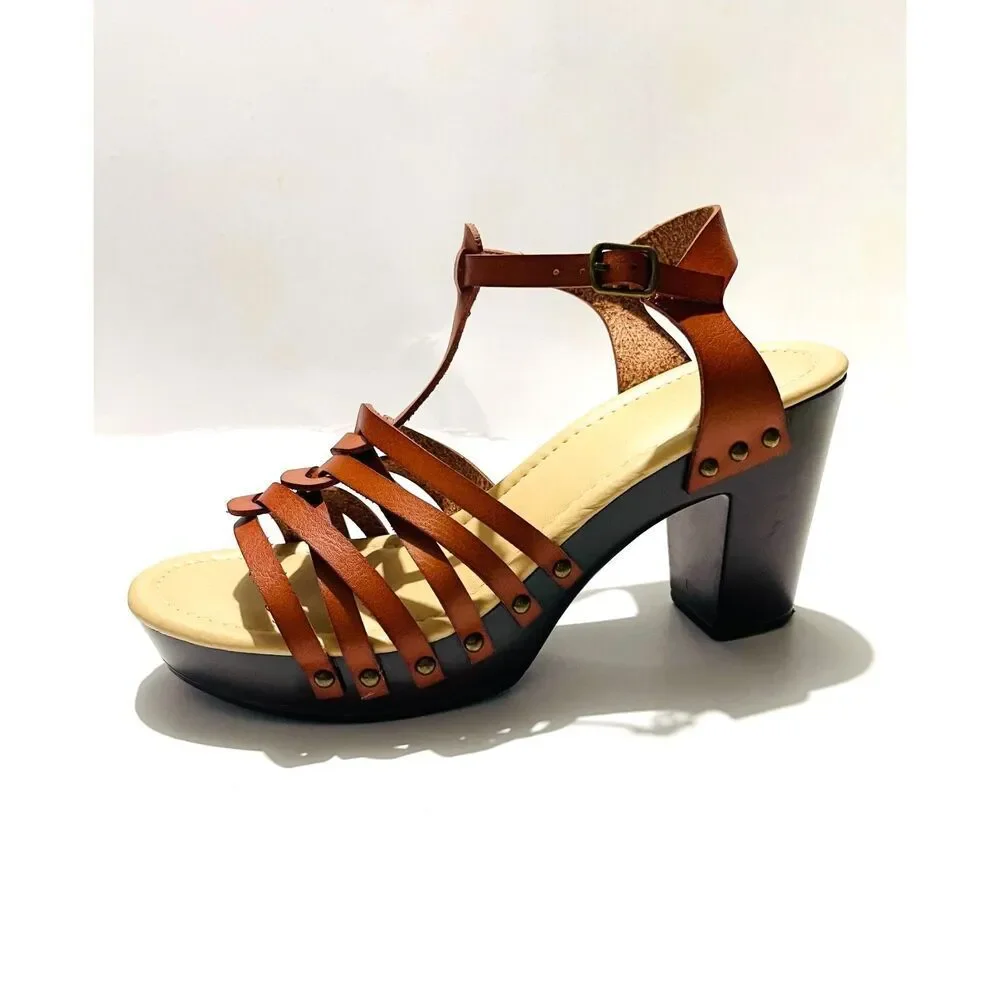 Comfort strappy sandals wedges brown Y2K platform casual summer women's 8